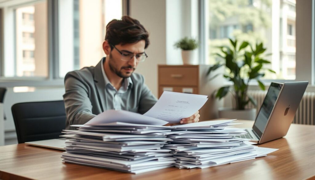 A professional individual in a well-lit, modern office space carefully organizing documents for an insurance claim. In the foreground, a neatly arranged pile of papers, including forms and receipts, sits on a wooden desk. The person, dressed in business attire, focuses intently as they sort through the documents. A laptop displaying a checklist is visible nearby. In the middle ground, a filing cabinet and a potted plant add a touch of sophistication to the workspace. The background features large windows allowing natural light to flood in, enhancing the atmosphere of diligence and seriousness. The overall mood is one of professionalism and determination, emphasizing the process of preparing for an insurance claim. A professional individual in a well-lit, modern office space carefully organizing documents for an insurance claim. In the foreground, a neatly arranged pile of papers, including forms and receipts, sits on a wooden desk. The person, dressed in business attire, focuses intently as they sort through the documents. A laptop displaying a checklist is visible nearby. In the middle ground, a filing cabinet and a potted plant add a touch of sophistication to the workspace. The background features large windows allowing natural light to flood in, enhancing the atmosphere of diligence and seriousness. The overall mood is one of professionalism and determination, emphasizing the process of preparing for an insurance claim.