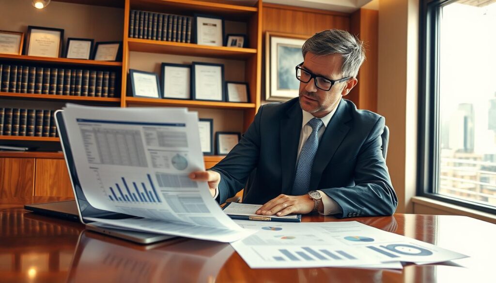 A professional insurance adjuster analyzing a detailed accident report in an office setting, seated at a polished wooden desk. The adjuster is a middle-aged man wearing a well-fitted suit and glasses, intensely focused on his work. On the desk, there are several important documents spread out, alongside a laptop displaying graphs and charts. The room has bright, soft lighting with large windows showing an urban landscape outside, casting a warm glow. In the background, shelves are filled with legal books and framed certificates, creating a corporate atmosphere. The mood is serious and professional, emphasizing diligence in handling justified costs for expert evaluation. The angle is a slightly tilted view, drawing the eye towards the desk and the adjuster’s engaged expression. A professional insurance adjuster analyzing a detailed accident report in an office setting, seated at a polished wooden desk. The adjuster is a middle-aged man wearing a well-fitted suit and glasses, intensely focused on his work. On the desk, there are several important documents spread out, alongside a laptop displaying graphs and charts. The room has bright, soft lighting with large windows showing an urban landscape outside, casting a warm glow. In the background, shelves are filled with legal books and framed certificates, creating a corporate atmosphere. The mood is serious and professional, emphasizing diligence in handling justified costs for expert evaluation. The angle is a slightly tilted view, drawing the eye towards the desk and the adjuster’s engaged expression.