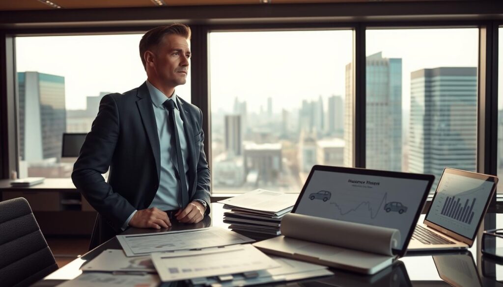 A professional insurance agent in a sleek office environment, standing near a large window with city views, looking contemplative. The foreground features a desk cluttered with insurance files, diagrams of vehicle repair times, and a laptop displaying charts. In the middle, a large, open window allows for natural light to filter in, casting soft shadows. The background showcases a skyline of modern buildings, hinting at the urban landscape's hustle. The mood is serious and focused, reflecting the theme of responsibility and the implications of not having a car. The lighting is warm and inviting, creating an atmosphere that emphasizes professionalism and the weight of the subject matter. The agent is dressed in smart business attire, conveying a sense of authority and reliability.