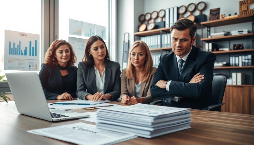 A professional insurance office setting, featuring a table with a laptop and a stack of paperwork labeled “Claims” prominently displayed. In the foreground, a diverse group of three individuals in business attire, two women and one man, are engaged in a discussion over the documents, showing expressions of concern and determination. The middle ground includes an open window allowing soft natural light to fill the room, illuminating charts and graphs pinned on the wall that depict loss assessments. In the background, shelves filled with neatly organized files and industry awards. The atmosphere is focused and serious, emphasizing the theme of responsibility and the importance of reporting damage to the insurer effectively. The angle is a wide shot to capture the whole scene clearly.