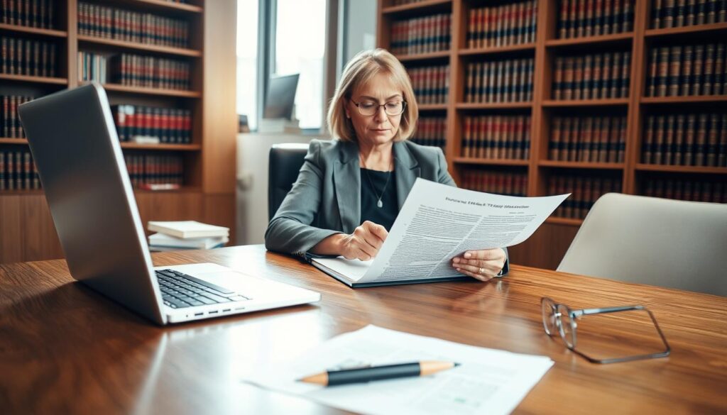 A professional lawyer sitting at a sleek desk in a well-lit office, reviewing legal documents about vehicle towing regulations. The foreground showcases a polished wooden desk featuring a laptop, notepad, and a pen. In the middle, the lawyer, a middle-aged woman, dressed in a tailored suit, is focused on the papers in front of her. The background presents bookshelves lined with law books, with a window allowing natural light to spill in, creating a warm atmosphere. The scene conveys a sense of seriousness and sophistication, underscoring the need for legal consultation in matters related to vehicle towing and costs associated with damages. The lighting is soft yet bright, hinting at daytime. A professional lawyer sitting at a sleek desk in a well-lit office, reviewing legal documents about vehicle towing regulations. The foreground showcases a polished wooden desk featuring a laptop, notepad, and a pen. In the middle, the lawyer, a middle-aged woman, dressed in a tailored suit, is focused on the papers in front of her. The background presents bookshelves lined with law books, with a window allowing natural light to spill in, creating a warm atmosphere. The scene conveys a sense of seriousness and sophistication, underscoring the need for legal consultation in matters related to vehicle towing and costs associated with damages. The lighting is soft yet bright, hinting at daytime.