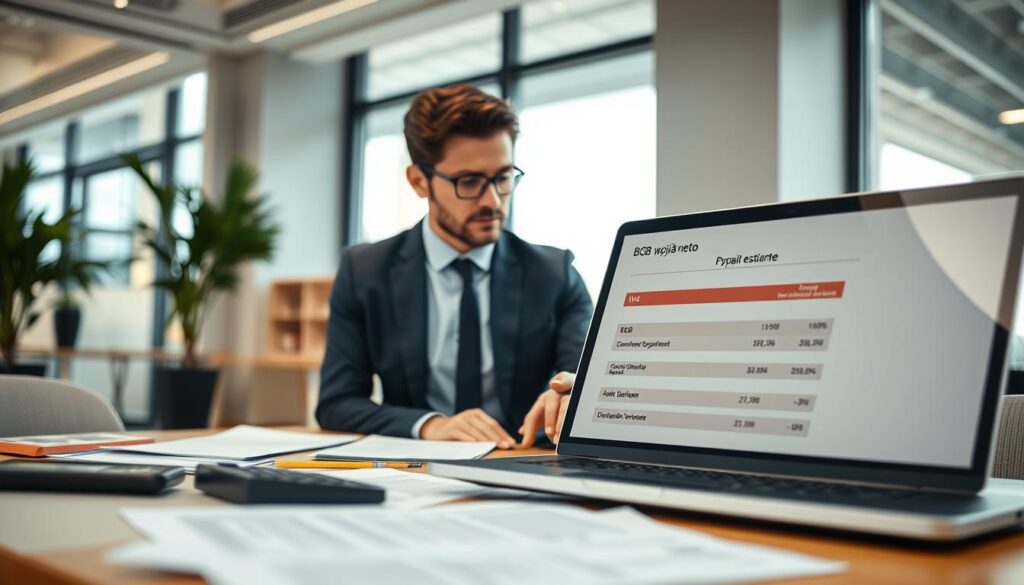 A professional office environment showcasing a financial analysis scene. In the foreground, a carefully organized desk with documents, a calculator, and a laptop displaying a financial report labeled "BGB wypłata netto." In the middle ground, a focused financial analyst in smart business attire, examining a detailed cost estimate, with an expression of concentration. The background features a modern office with large windows allowing natural light to illuminate the space, enhancing a calm and productive atmosphere. The colors should be warm and inviting, evoking professionalism and trust. The scene is captured at a slight angle, emphasizing the depth of the workspace and the analyst's engagement with their work. No text or logos are included.