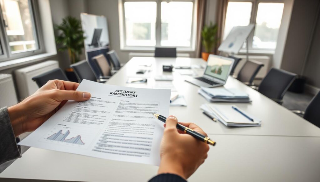 A professional office environment with a focus on documentation. In the foreground, a hand holding a detailed accident report, with a pen poised to write next to it. In the middle, neatly organized files and paperwork spread across a modern conference table. A laptop displays a chart with damage assessments. In the background, large windows let in bright, natural light, illuminating the room and enhancing the atmosphere of diligence and professionalism. The setting should evoke a sense of urgency and responsibility, with soft shadows and highlights accentuating the seriousness of proper documentation. The overall mood is one of careful consideration, reflecting the importance of accurate damage evaluation in legal matters related to section 254 BGB. A professional office environment with a focus on documentation. In the foreground, a hand holding a detailed accident report, with a pen poised to write next to it. In the middle, neatly organized files and paperwork spread across a modern conference table. A laptop displays a chart with damage assessments. In the background, large windows let in bright, natural light, illuminating the room and enhancing the atmosphere of diligence and professionalism. The setting should evoke a sense of urgency and responsibility, with soft shadows and highlights accentuating the seriousness of proper documentation. The overall mood is one of careful consideration, reflecting the importance of accurate damage evaluation in legal matters related to section 254 BGB.