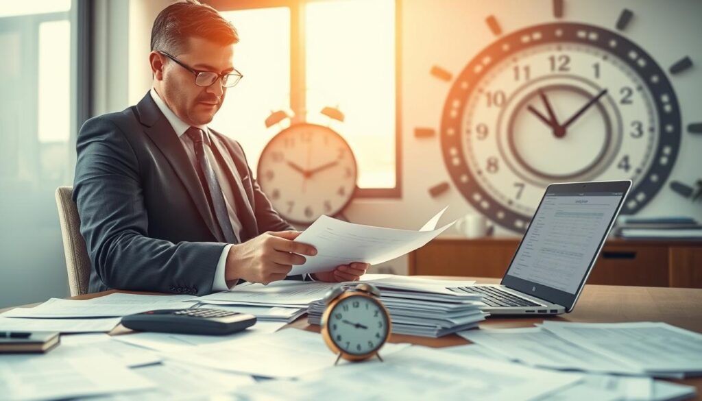 A professional office setting, emphasizing a desk cluttered with paperwork representing accident claims. In the foreground, a focused businessperson dressed in formal attire reviews documents, showcasing a concentrated expression. The middle ground features a large window allowing soft, natural light to illuminate the scene, creating a warm yet urgent atmosphere. On the desk, a calculator, a clock showing the time as a reminder of deadlines, and a laptop with spreadsheets of claim assessments are visible. In the background, an abstract representation of time, like swirls or gears, subtly conveys the theme of deadlines influencing claims. The color palette is neutral with hints of blue for professionalism, ensuring the image feels authoritative and serious, yet approachable.