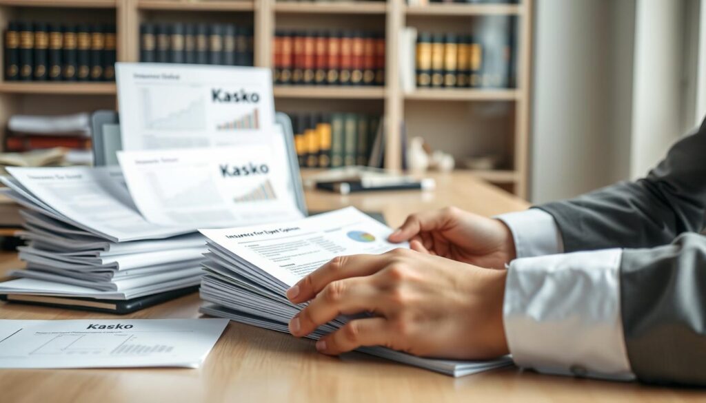 A professional office setting featuring an organized desk with various neatly stacked documents titled "Kasko" and "Insurance Consent for Expert Opinion". In the foreground, a pair of hands, dressed in business attire, are reviewing these documents, emphasizing the importance of technical expertise in determining compensation amounts. In the middle, a laptop displays a technical report with graphs and charts, reflecting a thorough analysis. The background shows a well-lit room with a bookshelf filled with legal and insurance textbooks, adding to the professional atmosphere. Soft natural lighting highlights the workspace, creating a calm and focused mood. The image captures a moment of keen analysis, reflecting professionalism and expertise in the insurance sector.