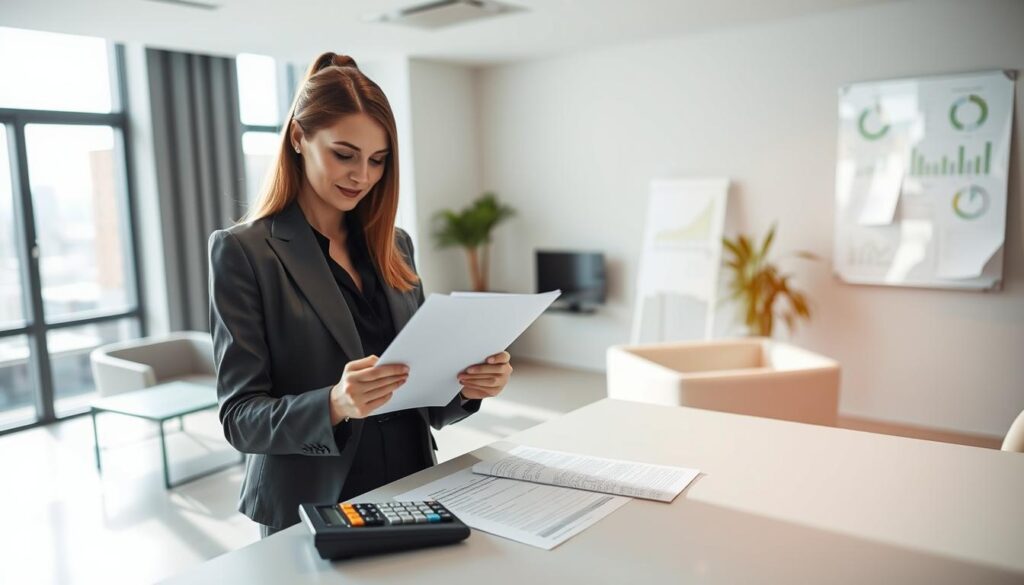 A professional office setting showcasing the concept of car rental insurance compensation. In the foreground, a confident businesswoman in formal attire examines a rental car agreement, with documents and a calculator on a sleek desk. The middle ground reveals a well-organized office with modern furniture, a large window letting in warm daylight, and a view of a city skyline. In the background, a wall-mounted whiteboard displays charts and graphs related to insurance claims, emphasizing analytical thought. Soft, natural lighting creates a calm, focused atmosphere, suggesting careful consideration of costs. The composition uses a slightly elevated angle for a professional perspective, encouraging a sense of trust and transparency in financial matters related to car rentals.