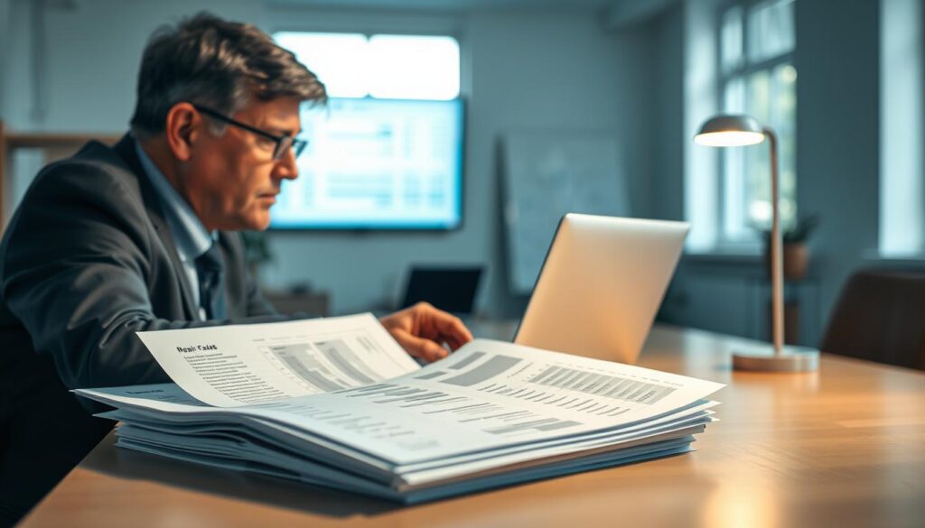 A professional office setting with a clean desk featuring a stack of documents including invoices and repair cost estimates. In the foreground, a focused middle-aged person in business attire, reviewing the paperwork with a thoughtful expression, emphasizing the theme of evaluating repair costs after an incident. The middle layer shows a softly blurred laptop screen displaying a spreadsheet, casting a subtle glow. In the background, a large window lets in natural light, creating a bright and open atmosphere. The overall mood is serious yet constructive, conveying a sense of diligence and thoroughness in assessing the appeal against an evaluation. Use soft, diffused lighting to enhance the professional feel of the scene. A professional office setting with a clean desk featuring a stack of documents including invoices and repair cost estimates. In the foreground, a focused middle-aged person in business attire, reviewing the paperwork with a thoughtful expression, emphasizing the theme of evaluating repair costs after an incident. The middle layer shows a softly blurred laptop screen displaying a spreadsheet, casting a subtle glow. In the background, a large window lets in natural light, creating a bright and open atmosphere. The overall mood is serious yet constructive, conveying a sense of diligence and thoroughness in assessing the appeal against an evaluation. Use soft, diffused lighting to enhance the professional feel of the scene.