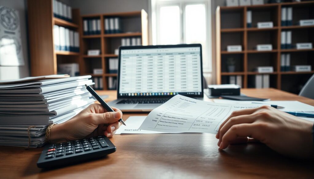 A professional office setting with a detailed view of a large wooden desk covered in neatly stacked financial documents and a calculator. In the foreground, a pair of hands holding a pen, poised to write on a transparent cost estimate sheet. In the middle, a laptop displaying a spreadsheet with detailed entries related to VAT and net payment calculations. The background features shelves filled with binders labeled with financial categories. Soft, natural light streams in from a nearby window, illuminating the scene and creating a calm, focused atmosphere. The image should evoke a sense of diligence and professionalism, suitable for a business-related article.
