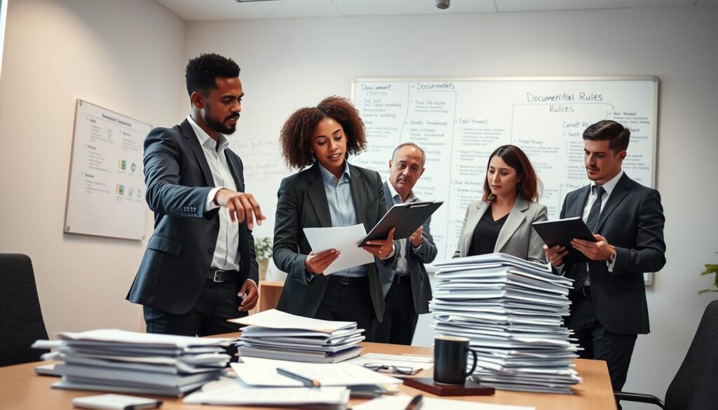 A professional office setting with a focus on documentation practices. In the foreground, a diverse group of three business professionals are reviewing a large stack of organized documents, all dressed in smart business attire. One person is pointing to a specific document, while another takes notes on a laptop, and the third is holding a clipboard. The middle ground includes a well-lit conference table cluttered with papers, a laptop, a pen, and a coffee mug. In the background, a whiteboard is filled with flowcharts and bullet points about documentation rules and best practices. Soft, natural lighting illuminates the room, creating a focused and collaborative atmosphere, emphasizing the importance of careful and correct documentation in a professional context. A professional office setting with a focus on documentation practices. In the foreground, a diverse group of three business professionals are reviewing a large stack of organized documents, all dressed in smart business attire. One person is pointing to a specific document, while another takes notes on a laptop, and the third is holding a clipboard. The middle ground includes a well-lit conference table cluttered with papers, a laptop, a pen, and a coffee mug. In the background, a whiteboard is filled with flowcharts and bullet points about documentation rules and best practices. Soft, natural lighting illuminates the room, creating a focused and collaborative atmosphere, emphasizing the importance of careful and correct documentation in a professional context.
