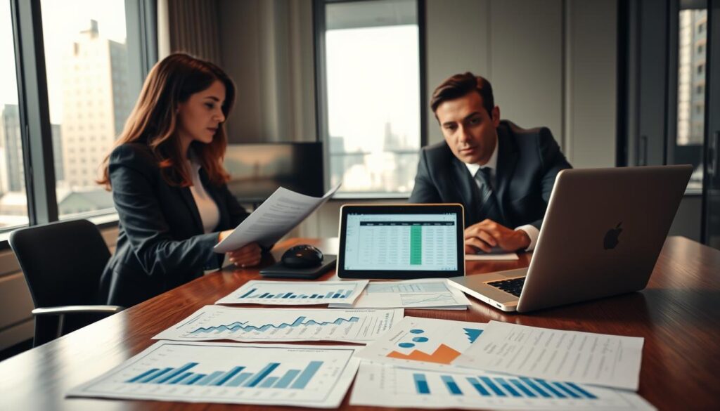 A professional office setting with a woman and a man in business attire, both discussing paperwork at a sleek wooden desk. In the foreground, detailed documentation of car usage and loss, including graphs and financial data displayed on the table. The middle section features a modern laptop opened with a spreadsheet showing calculations. The background includes a large window letting in soft natural light, showcasing an urban landscape. The atmosphere is focused and serious, evoking a sense of professionalism and urgency. Soft shadows and warm ambient lighting create a calm yet intense environment, emphasizing the importance of accurate documentation in understanding financial loss related to vehicle usage interruption.