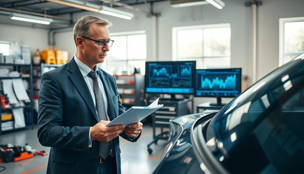 A professional scene depicting a technical expert analyzing a vehicle involved in an accident within a bright, well-lit garage. In the foreground, a middle-aged man in a smart business suit inspects the car with a clipboard in hand, showing focus and concentration. In the middle ground, a modern car repair setup featuring tools, diagrams, and a large monitor displaying data analysis. The background reveals shelves filled with automotive repair manuals and safety equipment. The overall atmosphere conveys professionalism and attention to detail, with natural daylight streaming through windows, highlighting the structured environment. The angle is slightly elevated, providing a comprehensive view of the expert and the technical components surrounding him.