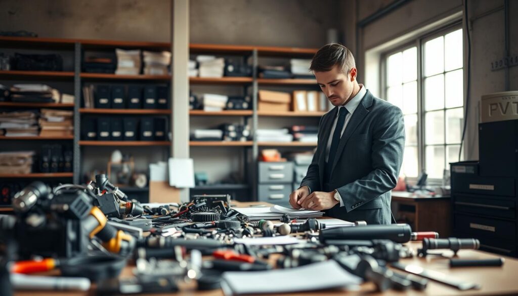 A professional setting depicting a technician in smart business attire, carefully examining technical evidence related to machinery repairs. In the foreground, the technician stands focused on a cluttered workbench filled with tools and parts, showcasing meticulous attention to detail. The mid-ground features a large window letting in soft, natural light, highlighting the workspace and creating a calm atmosphere. In the background, shelves are lined with organized files and equipment related to repair processes. The overall mood is serious and industrious, underscored by warm lighting that emphasizes the importance of securing evidence before repairs. The scene should evoke a sense of professionalism and caution, ensuring a clear representation of the theme.