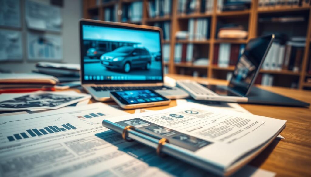 A professional setting displaying a cluttered desk with various documents, photographs, and technical reports related to a vehicle damage assessment. In the foreground, a close-up of a legal document with charts and vehicle images, emphasizing the importance of paperwork in evaluating damages. The middle-ground showcases a detailed view of a modern smartphone displaying an accident photograph, while a laptop is open with visible diagrams of the vehicle. In the background, a blurred office environment with shelves filled with books and files creates an atmosphere of professionalism and diligence. The lighting is soft and focused on the documents to highlight their significance, captured at a dynamic angle for a sense of depth and engagement.