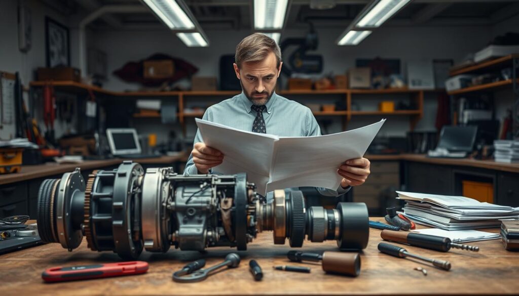 A professional setting showcasing the consequences of repairs made without inspections. In the foreground, focus on an unassembled mechanical device on a workbench, highlighting missing components and tools scattered around, suggesting a lack of thoroughness. In the middle ground, display a concerned technician in formal business attire, examining documents that represent technical evidence, with a furrowed brow. In the background, include a cluttered workshop with tools, workstations, and legal books, lit by soft overhead lights that create a serious atmosphere. The overall mood should convey tension and urgency, emphasizing the legal implications of neglecting proper examination before repair. Use a medium shot angle to capture both the technician and the work area effectively.