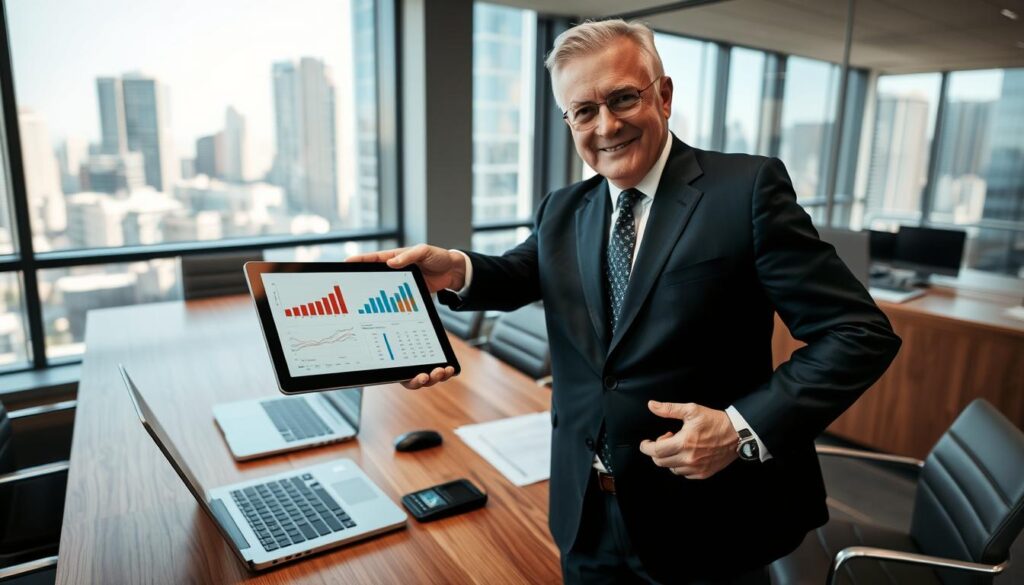 A professional technical appraiser stands in a well-lit, modern office environment, confidently presenting an estimated valuation of a technical service. In the foreground, the appraiser, a middle-aged man in a sharp business suit, is pointing at a digital tablet displaying graphs and charts. The middle ground features a sleek wooden conference table adorned with documents, a laptop, and a calculator, indicating a serious and professional discussion. The background showcases a large window with cityscape views, letting in natural light that enhances the atmosphere. The mood is focused and authoritative, conveying trust and expertise in technical assessments. The angle is slightly tilted down to capture both the appraiser’s engaging expression and the details on the tablet clearly. A professional technical appraiser stands in a well-lit, modern office environment, confidently presenting an estimated valuation of a technical service. In the foreground, the appraiser, a middle-aged man in a sharp business suit, is pointing at a digital tablet displaying graphs and charts. The middle ground features a sleek wooden conference table adorned with documents, a laptop, and a calculator, indicating a serious and professional discussion. The background showcases a large window with cityscape views, letting in natural light that enhances the atmosphere. The mood is focused and authoritative, conveying trust and expertise in technical assessments. The angle is slightly tilted down to capture both the appraiser’s engaging expression and the details on the tablet clearly.