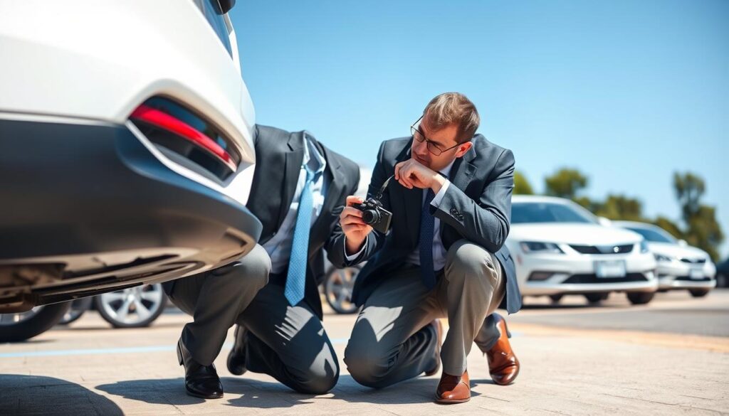 A professional vehicle appraiser inspecting a car for damages, kneeling next to the vehicle with a camera aimed at a visible dent on the bumper. The appraiser, dressed in smart business attire, displays focus and determination. The car is a modern sedan, parked in a bright, outdoor setting with clear blue skies. In the background, other cars can be faintly seen to give context, while soft natural light highlights the scene, casting gentle shadows. The angle should capture both the appraiser and the vehicle, emphasizing the detailed examination process. The atmosphere is one of professionalism and diligence, illustrating the serious nature of vehicle assessments during insurance evaluations. A professional vehicle appraiser inspecting a car for damages, kneeling next to the vehicle with a camera aimed at a visible dent on the bumper. The appraiser, dressed in smart business attire, displays focus and determination. The car is a modern sedan, parked in a bright, outdoor setting with clear blue skies. In the background, other cars can be faintly seen to give context, while soft natural light highlights the scene, casting gentle shadows. The angle should capture both the appraiser and the vehicle, emphasizing the detailed examination process. The atmosphere is one of professionalism and diligence, illustrating the serious nature of vehicle assessments during insurance evaluations.