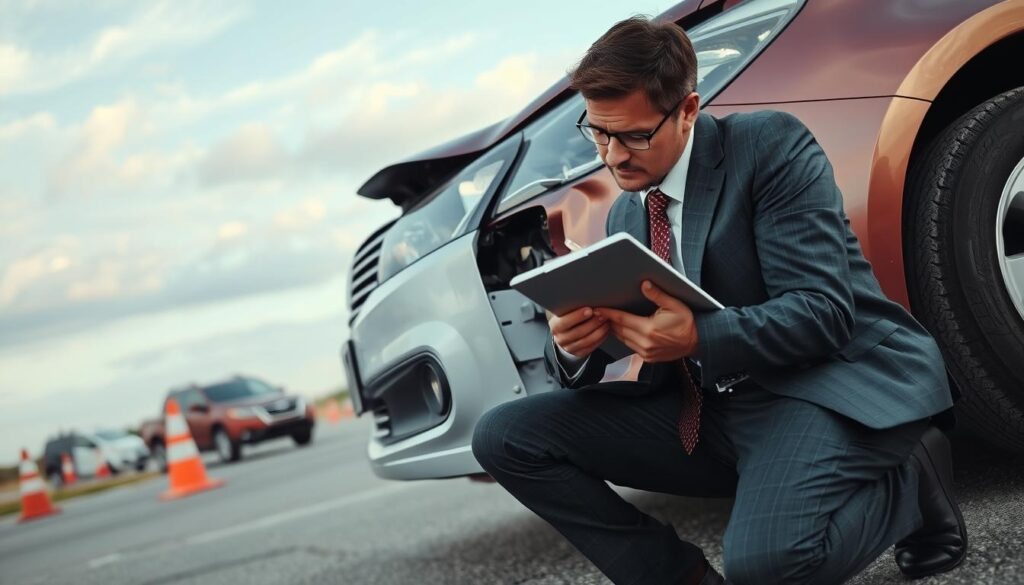 A professional vehicle appraiser inspecting and documenting damage to a car after an accident. In the foreground, the appraiser, dressed in a smart business suit, is kneeling beside the vehicle, closely analyzing the front bumper and noting down findings on a clipboard. The middle ground showcases a damaged sedan with visible dents and scratches, set against a backdrop of a clear sky with soft clouds. The background features subtle indications of an accident scene, like a traffic cone and some emergency response vehicles parked distantly. The lighting is soft, suggesting early morning, creating a serious yet focused atmosphere. The camera angle is slightly low, emphasizing the appraiser's concentration and the vehicle's damage details, conveying the importance of technical expertise in accident assessments.