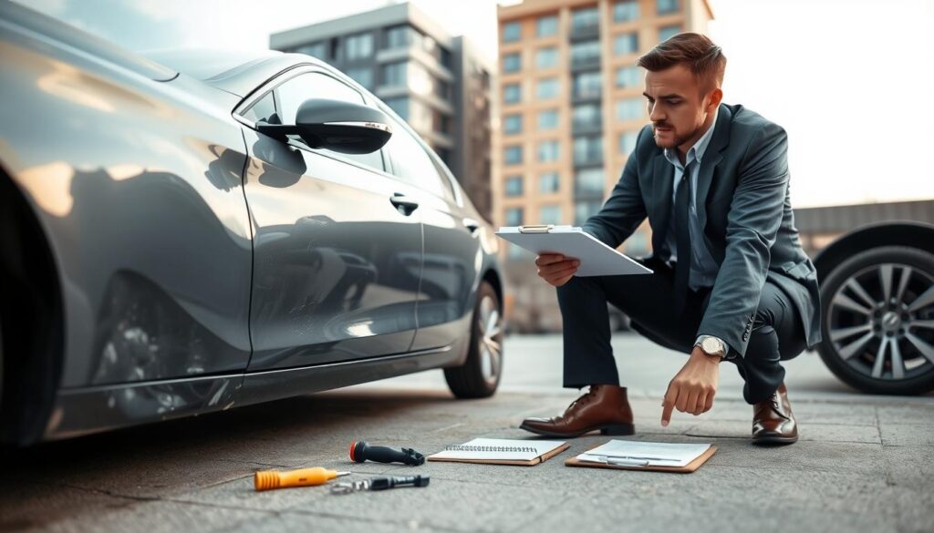 A professional vehicle estimator examining a damaged car in an urban environment. In the foreground, a focused man in a smart casual outfit kneels beside a gray sedan, inspecting its dented side. The middle ground features a clipboard with notes and tools scattered near the car. In the background, an office building and a clear sky can be seen, symbolizing the technical expertise involved in vehicle assessments. Soft, natural lighting casts gentle shadows, enhancing the details of the car's damage. The mood is serious and professional, conveying the importance of accurate vehicle evaluations in the insurance claim process.
