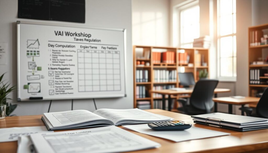 A professional workspace featuring organized VAT workshop documentation. In the foreground, a neatly arranged desk with open folders, spreadsheets, and a calculator, symbolizing meticulous record-keeping. The middle layer includes a wall-mounted whiteboard displaying key compliance points about German VAT documentation requirements, alongside charts and diagrams. In the background, a well-lit office with shelves filled with research materials and books on tax regulations. Soft, natural lighting filters through a window, creating a warm and inviting atmosphere. The overall mood is one of professionalism and clarity, emphasizing focus on compliance and structured organization, suitable for a business environment. A professional workspace featuring organized VAT workshop documentation. In the foreground, a neatly arranged desk with open folders, spreadsheets, and a calculator, symbolizing meticulous record-keeping. The middle layer includes a wall-mounted whiteboard displaying key compliance points about German VAT documentation requirements, alongside charts and diagrams. In the background, a well-lit office with shelves filled with research materials and books on tax regulations. Soft, natural lighting filters through a window, creating a warm and inviting atmosphere. The overall mood is one of professionalism and clarity, emphasizing focus on compliance and structured organization, suitable for a business environment.
