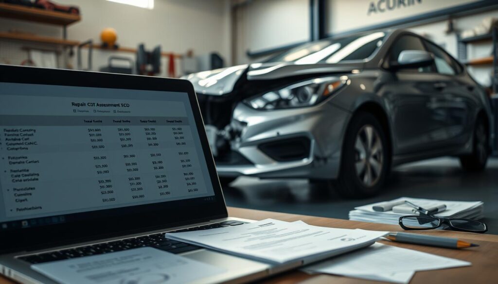 A realistic depiction of a car accident damage assessment. In the foreground, there is a close-up of a laptop displaying detailed repair cost calculations next to a set of professional documents. The middle ground features a damaged vehicle with visible scratches and dents, positioned in a well-lit, organized environment, suggesting a garage or body shop. The background includes tools and equipment typically found in an auto repair setting. Soft, natural lighting enhances the atmosphere, creating a serious but focused mood. The camera angle is slightly above eye level, giving a clear view of the car's damage alongside the documentation. The overall tone is professional and analytical. A realistic depiction of a car accident damage assessment. In the foreground, there is a close-up of a laptop displaying detailed repair cost calculations next to a set of professional documents. The middle ground features a damaged vehicle with visible scratches and dents, positioned in a well-lit, organized environment, suggesting a garage or body shop. The background includes tools and equipment typically found in an auto repair setting. Soft, natural lighting enhances the atmosphere, creating a serious but focused mood. The camera angle is slightly above eye level, giving a clear view of the car's damage alongside the documentation. The overall tone is professional and analytical.