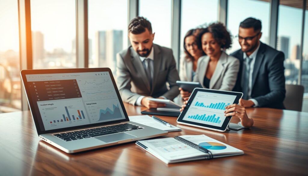 A serene office environment with a focus on strategic damage limitation tools. In the foreground, a polished wooden desk displays various professional tools: a sleek laptop showcasing analytical software, a notepad filled with actionable insights, and a digital tablet displaying graphs. In the middle ground, a diverse group of four business professionals, dressed in business attire, collaborate around the desk, their expressions focused and determined. The background features a glass window with a view of a city skyline under soft, natural lighting, creating a bright and optimistic atmosphere. The lens captures a slightly elevated angle, enhancing the sense of teamwork and proactive action, with warm tones emphasizing a sense of safety and security in the workplace.