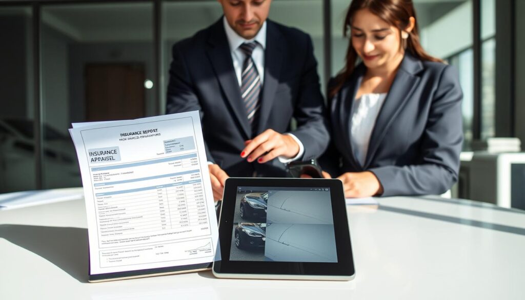 A side-by-side comparison of an insurance appraisal and detailed documentation of car damages. In the foreground, a professional male and female assessors, dressed in business attire, are observing a tablet displaying the insurance report. In the middle ground, the tablet shows a split screen: one side with a detailed, digital estimate, and the other with high-resolution images of car damages, highlighting scratches and dents. The background features an office environment with a large window letting in natural light, casting soft shadows. The overall mood is analytical and professional, emphasizing precision and attention to detail, with an emphasis on clarity and organization in the presentation of information.