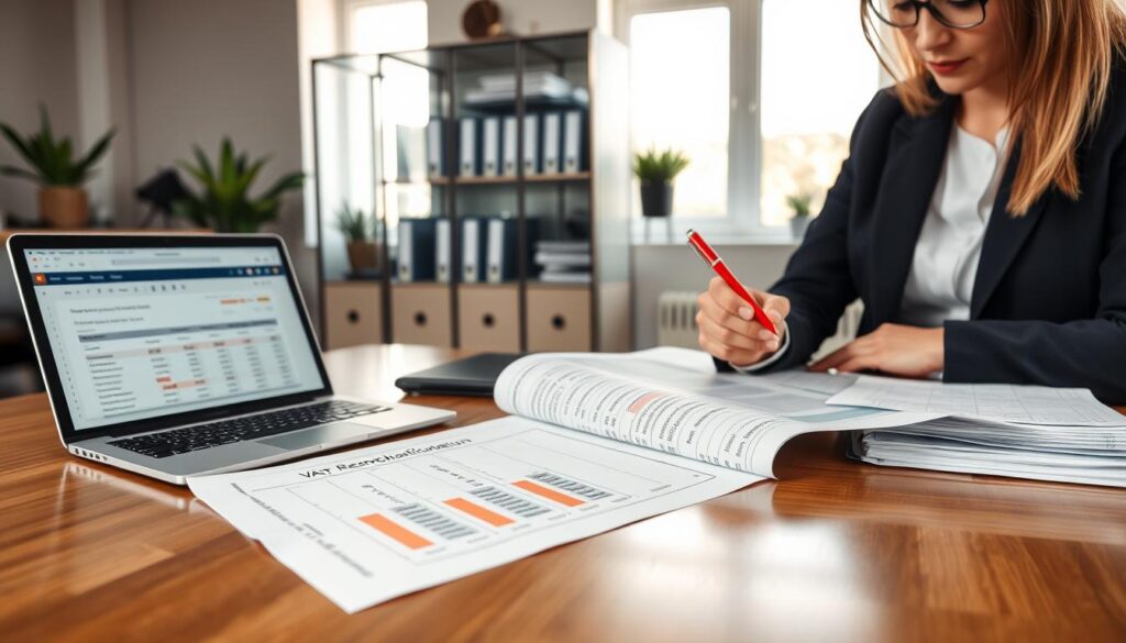 A sleek, modern office workspace showcasing a detailed VAT reconciliation document on a polished wooden desk. In the foreground, a focused professional wearing business attire examines the document, highlighting key figures with a bright red pen. Beside them, a laptop displays a spreadsheet with VAT calculations. In the middle, an elegant glass filing cabinet filled with organized folders and paperwork related to VAT documentation reflects soft, natural light entering through a large window. The background features a muted color palette, with potted plants and minimalistic decor enhancing the professional atmosphere. The scene evokes a mood of meticulous organization and financial diligence, perfect for illustrating the importance of proper VAT documentation in business. A sleek, modern office workspace showcasing a detailed VAT reconciliation document on a polished wooden desk. In the foreground, a focused professional wearing business attire examines the document, highlighting key figures with a bright red pen. Beside them, a laptop displays a spreadsheet with VAT calculations. In the middle, an elegant glass filing cabinet filled with organized folders and paperwork related to VAT documentation reflects soft, natural light entering through a large window. The background features a muted color palette, with potted plants and minimalistic decor enhancing the professional atmosphere. The scene evokes a mood of meticulous organization and financial diligence, perfect for illustrating the importance of proper VAT documentation in business.