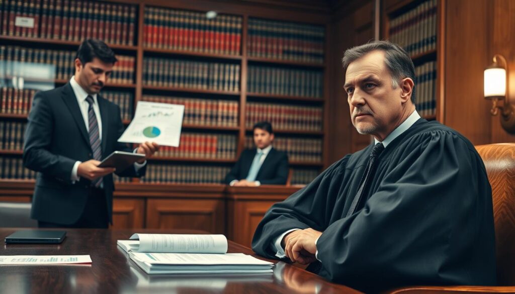 A thoughtful courtroom scene depicting a judge and legal professionals engaged in a discussion about insurance decisions. In the foreground, a well-dressed judge, seated at a polished oak bench, appears engaged as they examine legal documents. To the left, a lawyer in a sharp suit presents evidence, with visually compelling charts and graphs on a digital tablet. In the background, shelves filled with law books create a scholarly ambiance. Soft, warm lighting highlights the serious expression on the judge's face while casting gentle shadows, creating a mood of contemplation and authority. The angle of the shot is slightly elevated, providing a comprehensive view of the proceedings, emphasizing the importance of verifications in judicial decisions. The atmosphere is tense yet professional, reflecting the gravity of legal assessments.