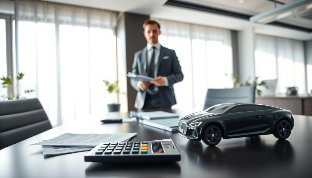 A thoughtfully arranged office space depicting the concept of "Nutzungsausfall" (loss of use). In the foreground, a sleek, modern desk holds a calculator, financial documents, and a miniature model car, symbolizing the financial implications of losing access to a vehicle. In the middle ground, a professional, well-dressed lawyer stands with a thoughtful expression, reviewing case notes, exuding a sense of authority and seriousness. The background features a large window with natural light flooding in, casting soft shadows and creating a balanced atmosphere. The color palette should be muted with a focus on blues and grays, reflecting a professional mood. The angle is slightly elevated, capturing both the desk and the lawyer, emphasizing the interplay between personal and legal aspects of the situation.