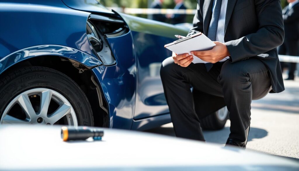 A vehicle damage assessor, dressed in a professional business outfit, carefully inspects a damaged car in an accident scene. In the foreground, the assessor is seen examining a dent and scratched paintwork on a blue sedan, using a clipboard and a pen. In the middle, tools like a measuring tape and a flashlight are visible, highlighting the technical nature of the evaluation. In the background, there is a partially blurred scene of the accident area with police tape and a few spectators, enveloped in natural daylight creating a serious but focused atmosphere. The angle of the shot is slightly elevated, emphasizing the detailed inspection process while casting soft shadows on the ground, enhancing the realism of the scene.