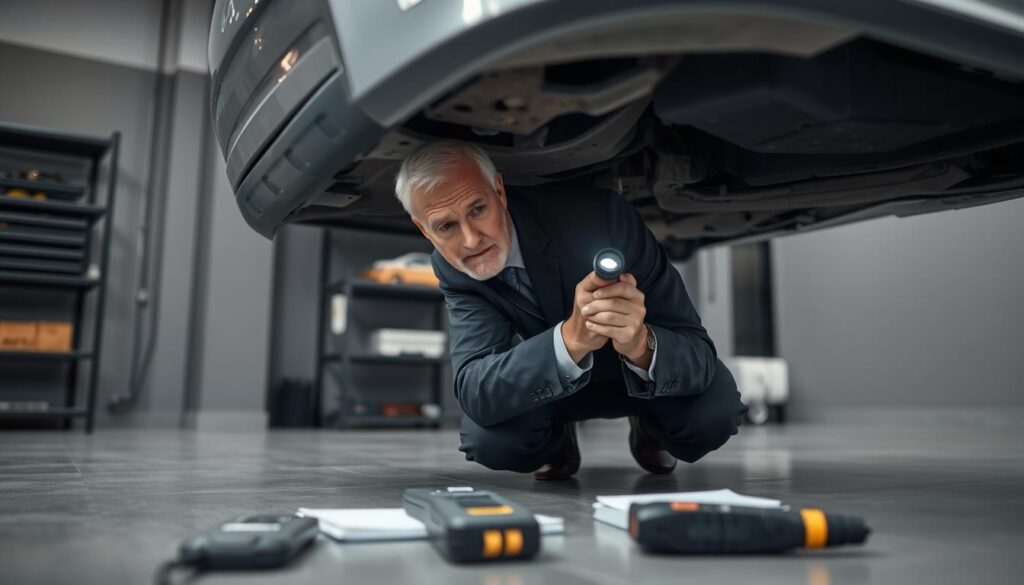 A vehicle damage assessor inspecting a car for hidden damages post-collision. In the foreground, a middle-aged man in a smart, professional attire is focused on examining the undercarriage of a silver sedan using a flashlight. His face shows concentration as he analyzes the vehicle's structure. In the middle background, tools like a diagnostic scanner and a notepad lie on the floor, emphasizing the technical aspect of his work. The scene is well-lit with soft, diffused lighting that creates an atmosphere of diligence and professionalism. The workshop environment features gray walls and shelves with automotive equipment. The angle of the view is slightly low, showcasing the detailed inspection process while maintaining an air of expertise and dedication to safety. A vehicle damage assessor inspecting a car for hidden damages post-collision. In the foreground, a middle-aged man in a smart, professional attire is focused on examining the undercarriage of a silver sedan using a flashlight. His face shows concentration as he analyzes the vehicle's structure. In the middle background, tools like a diagnostic scanner and a notepad lie on the floor, emphasizing the technical aspect of his work. The scene is well-lit with soft, diffused lighting that creates an atmosphere of diligence and professionalism. The workshop environment features gray walls and shelves with automotive equipment. The angle of the view is slightly low, showcasing the detailed inspection process while maintaining an air of expertise and dedication to safety.