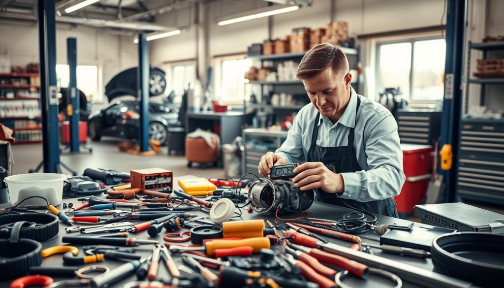 A well-lit automotive repair workshop, showcasing a technician in professional attire, diligently inspecting a malfunctioning product on a workbench. The foreground features a diverse set of tools and components scattered around, highlighting the intricate details of the repair process. In the middle ground, the technician is focused on the repair, utilizing a multimeter to diagnose the issue, with equipment like hydraulic lifts and workstations visible. The background reveals shelves filled with spare parts and manuals, creating a sense of a busy and organized workspace. Soft, natural light filters through windows, casting a warm glow across the scene, evoking a mood of professionalism and dedication to craftsmanship.