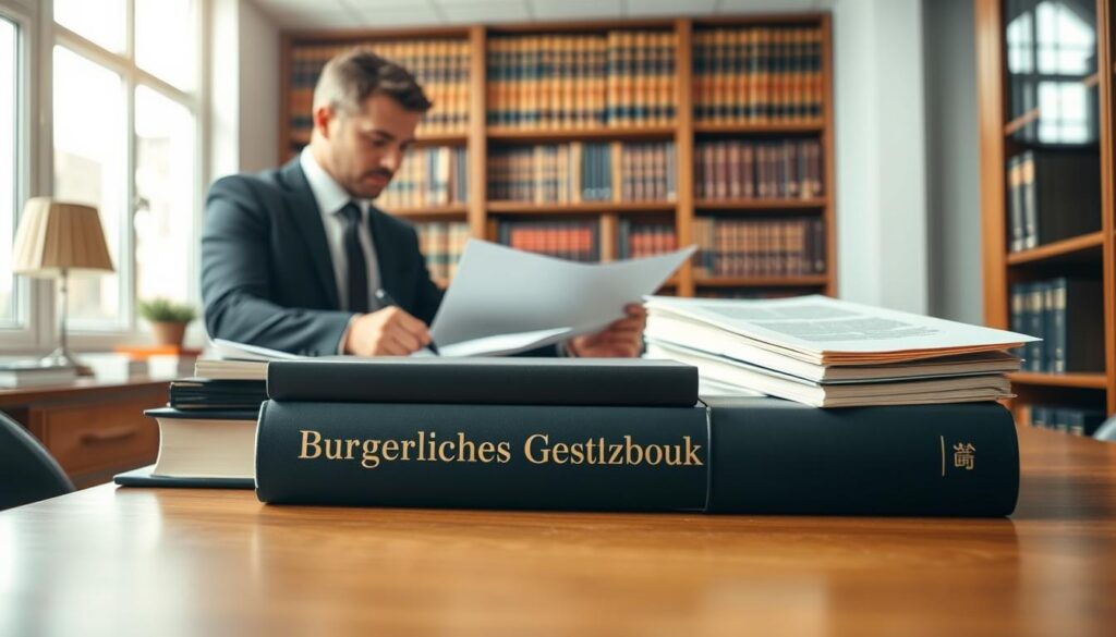 A well-organized office environment with a polished wooden desk in the foreground, featuring a stack of legal books on top, prominently displaying the title "Bürgerliches Gesetzbuch." In the middle, a confident, professional-looking lawyer dressed in business attire is reviewing legal documents, reflecting focus and diligence. Behind them is a large window with natural light pouring in, illuminating the room and casting soft shadows. The atmosphere conveys seriousness and professionalism, suitable for a legal discussion. The background includes bookshelves filled with legal texts, emphasizing knowledge and authority in consumer rights. Capture the essence of legal responsibility with a warm, inviting color palette while maintaining a clear and organized composition.
