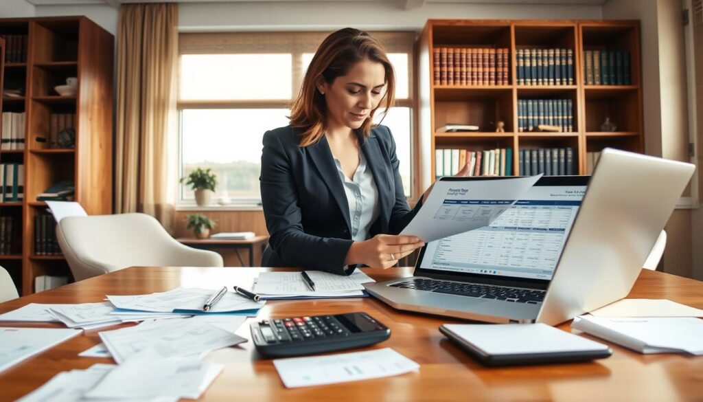 A well-organized office space featuring a neatly arranged desk in the foreground, with scattered receipts, invoices, and a calculator. The desk is made of polished wood, and a laptop is open displaying a financial spreadsheet. In the middle ground, a woman in professional attire is reviewing documents with a focused expression, thoughtfully organizing the papers. Behind her, a bookshelf filled with legal and consumer protection books suggests a professional setting, while a large window allows soft, natural light to flood the room, creating a warm and inviting atmosphere. The angle is slightly overhead, giving an expansive view of the workspace, emphasizing the importance of financial organization after a legal case.