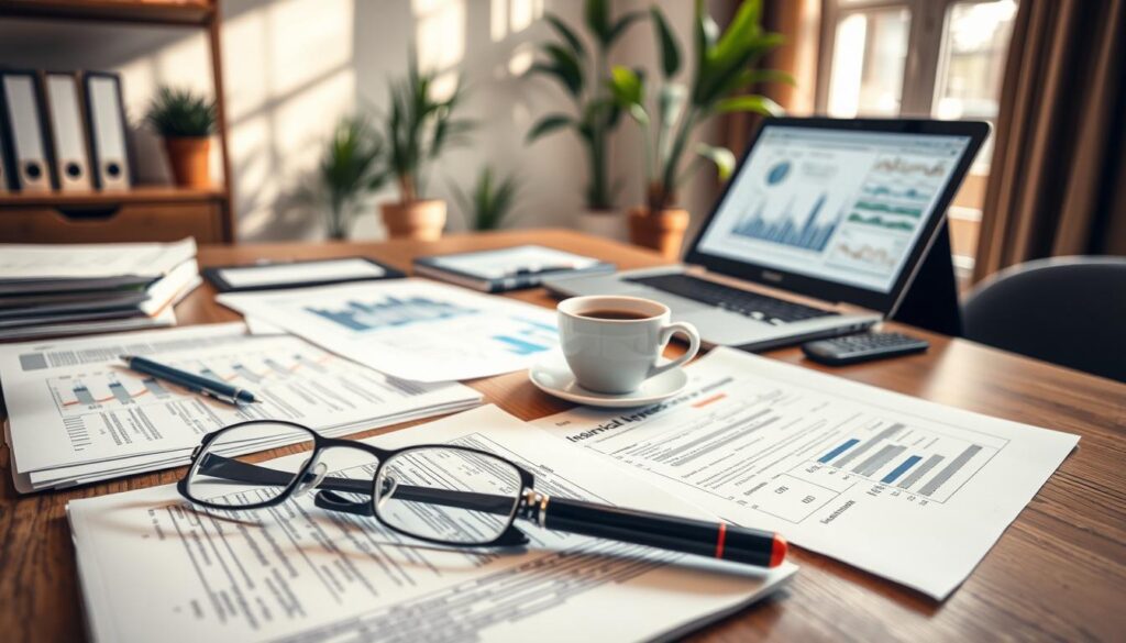 A well-organized office space featuring a wooden desk cluttered with documents related to insurance claims and a detailed technical expertise report. In the foreground, a pair of reading glasses rests on top of a stack of papers, and a pen is poised as if ready to note important details. The middle layer showcases an open laptop displaying relevant graphs and charts, alongside a cup of coffee for a touch of warmth. In the background, a large window lets in natural light, casting soft shadows and enhancing the professional atmosphere. The room is decorated with a few potted plants, adding a sense of calm. The overall mood conveys seriousness and expertise, perfect for illustrating the significance of technical assessments in determining insurance payouts. A well-organized office space featuring a wooden desk cluttered with documents related to insurance claims and a detailed technical expertise report. In the foreground, a pair of reading glasses rests on top of a stack of papers, and a pen is poised as if ready to note important details. The middle layer showcases an open laptop displaying relevant graphs and charts, alongside a cup of coffee for a touch of warmth. In the background, a large window lets in natural light, casting soft shadows and enhancing the professional atmosphere. The room is decorated with a few potted plants, adding a sense of calm. The overall mood conveys seriousness and expertise, perfect for illustrating the significance of technical assessments in determining insurance payouts.