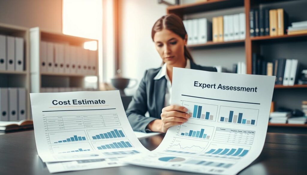 An office environment with a professional atmosphere, featuring a business table in the foreground displaying two detailed reports: one labeled "Cost Estimate" and the other "Expert Assessment." The reports should be illustrated with graphs and charts, clearly showing differences in data. In the middle ground, a focused businesswoman in professional attire analyzes the reports, with a slight furrow of concentration on her face. In the background, a well-organized office bookshelf filled with technical manuals and industry-related books provides context. Soft, diffused natural light streams in from a window, creating a calm yet serious mood. The camera angle is slightly elevated, capturing the dynamic between the reports and the professional engaging with them, emphasizing the importance of expert analysis in determining compensation.